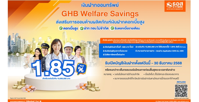 ธอส. เอาใจคนรักการออม กับ เงินฝากออมทรัพย์ GHB Welfare Savings ให้ผลตอบแทนอัตราดอกเบี้ยสูงถึง 1.85% ต่อปี